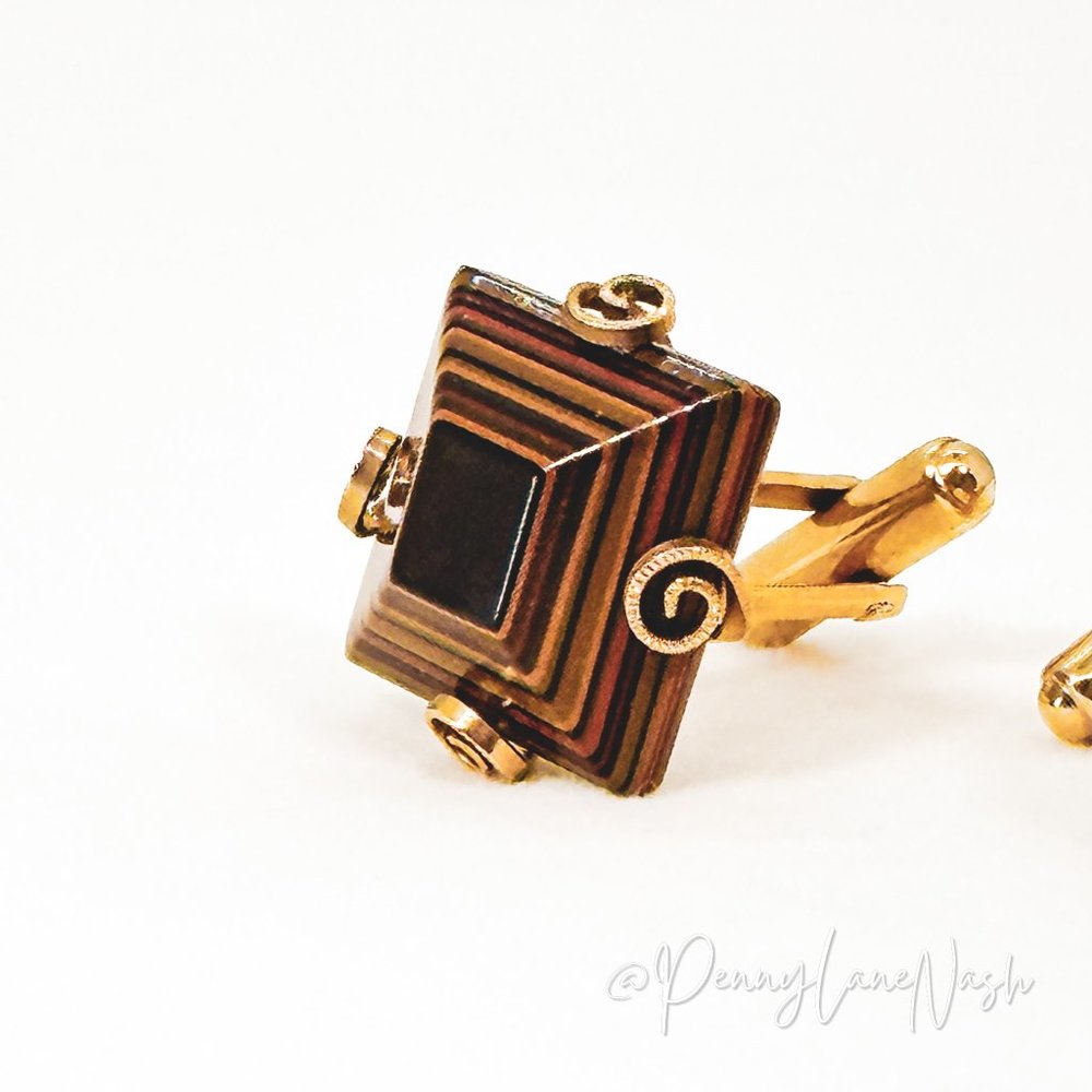 Vintage Brown Square Geometric Cuff Links in Gold Plated - Picture 6 of 6